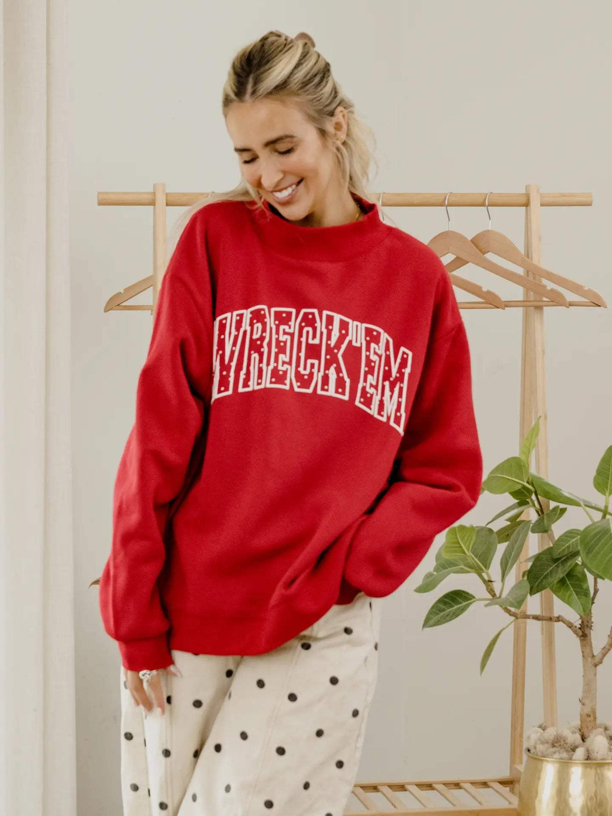 College Polka Dot Puff Reversible Mock Neck Sweatshirt
