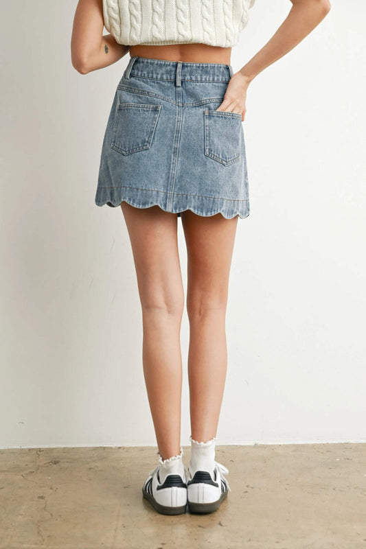Scalloped Button Denim Skirt