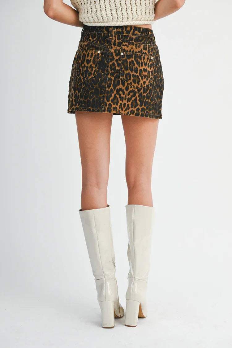 Leopard Print Denim Mini Skirt