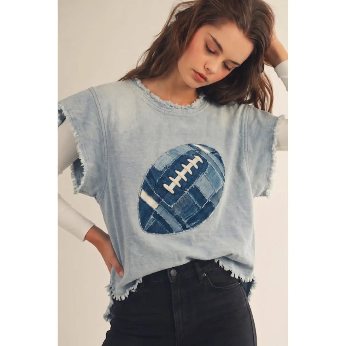 Game Day Denim Football Patch Top
