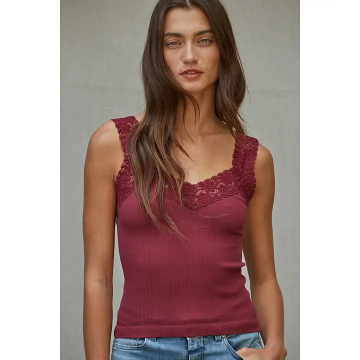 Knit Seamless Lace Trim Ribbed Tank Top