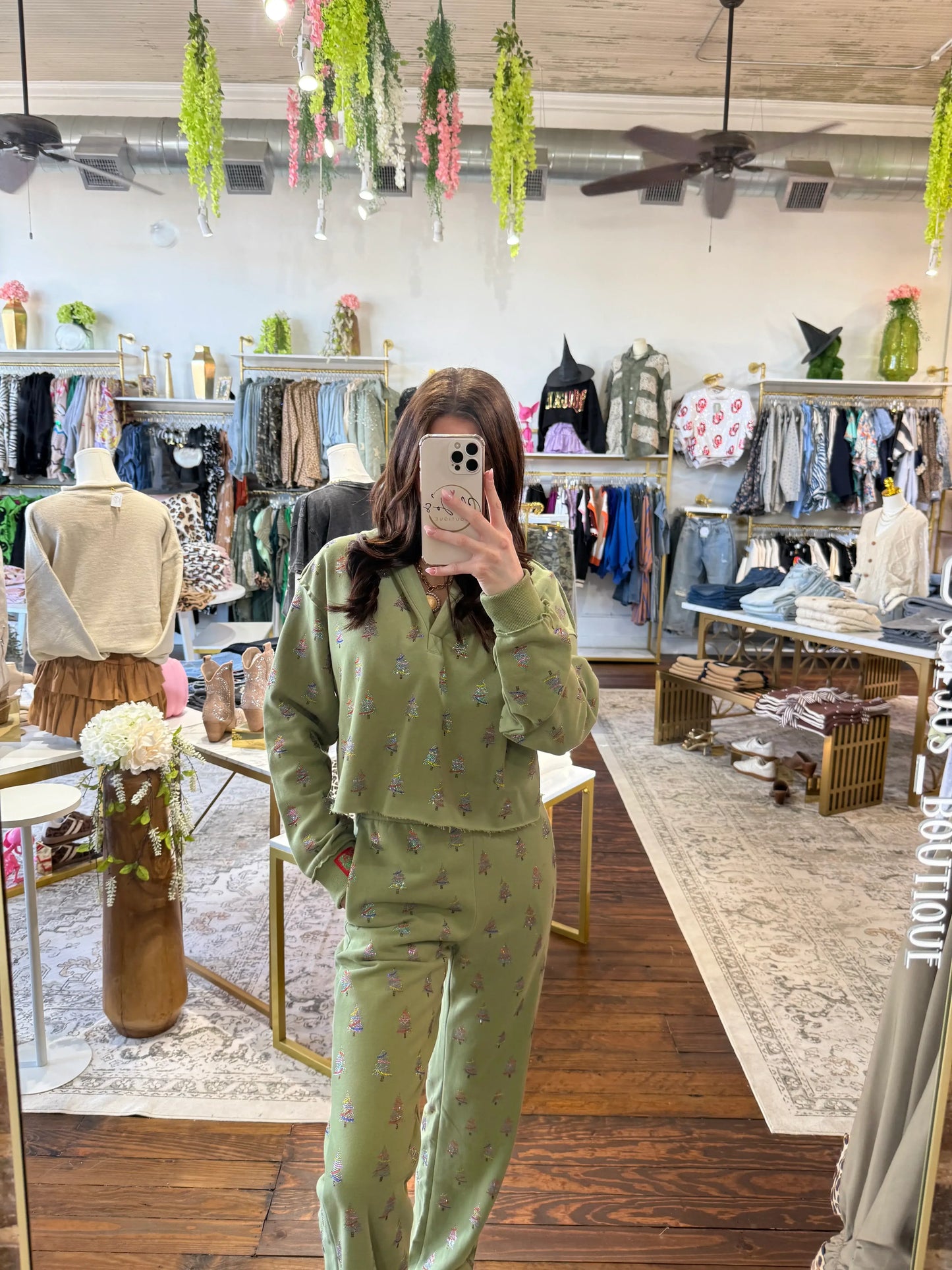 Mossy Green Scattered Multi Christmas Tree Sweatpant | Queen of Sparkles