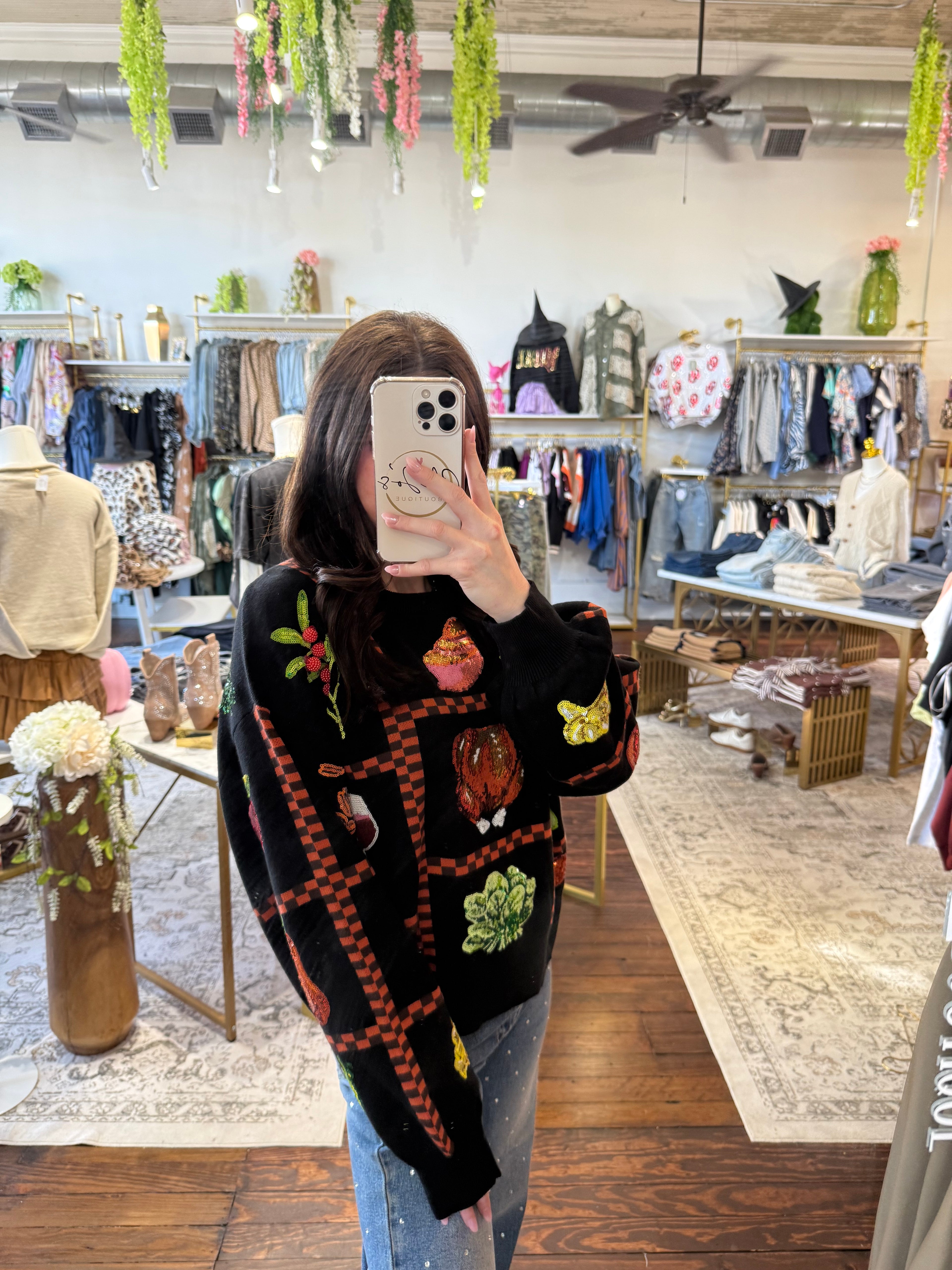 Black Checkered Thanksgiving Icon Sweater | Queen of Sparkles