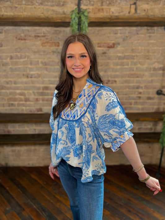 Abstract Floral Print Tie Blouse