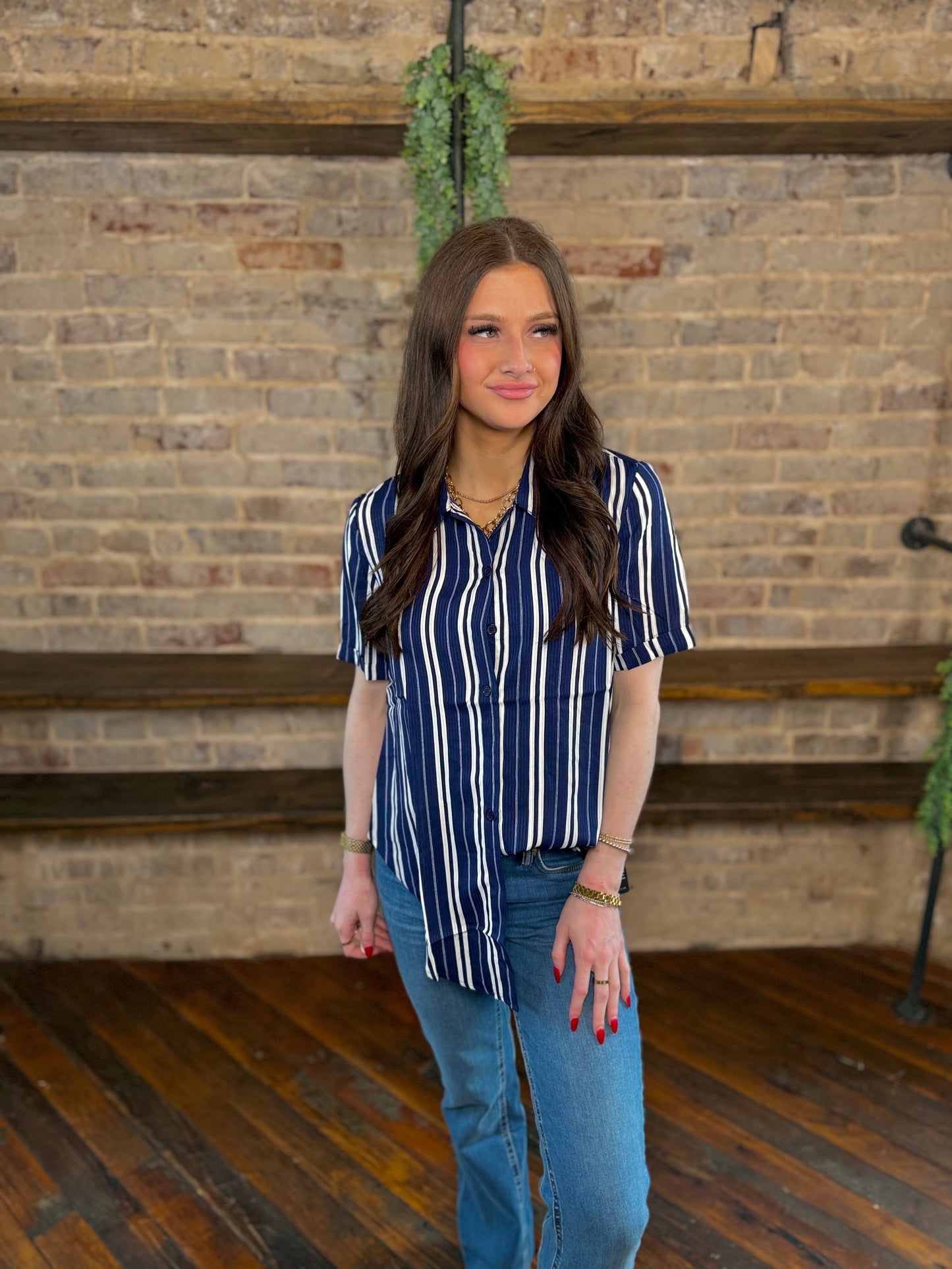 Blynn Striped Button Down Collared Blouse