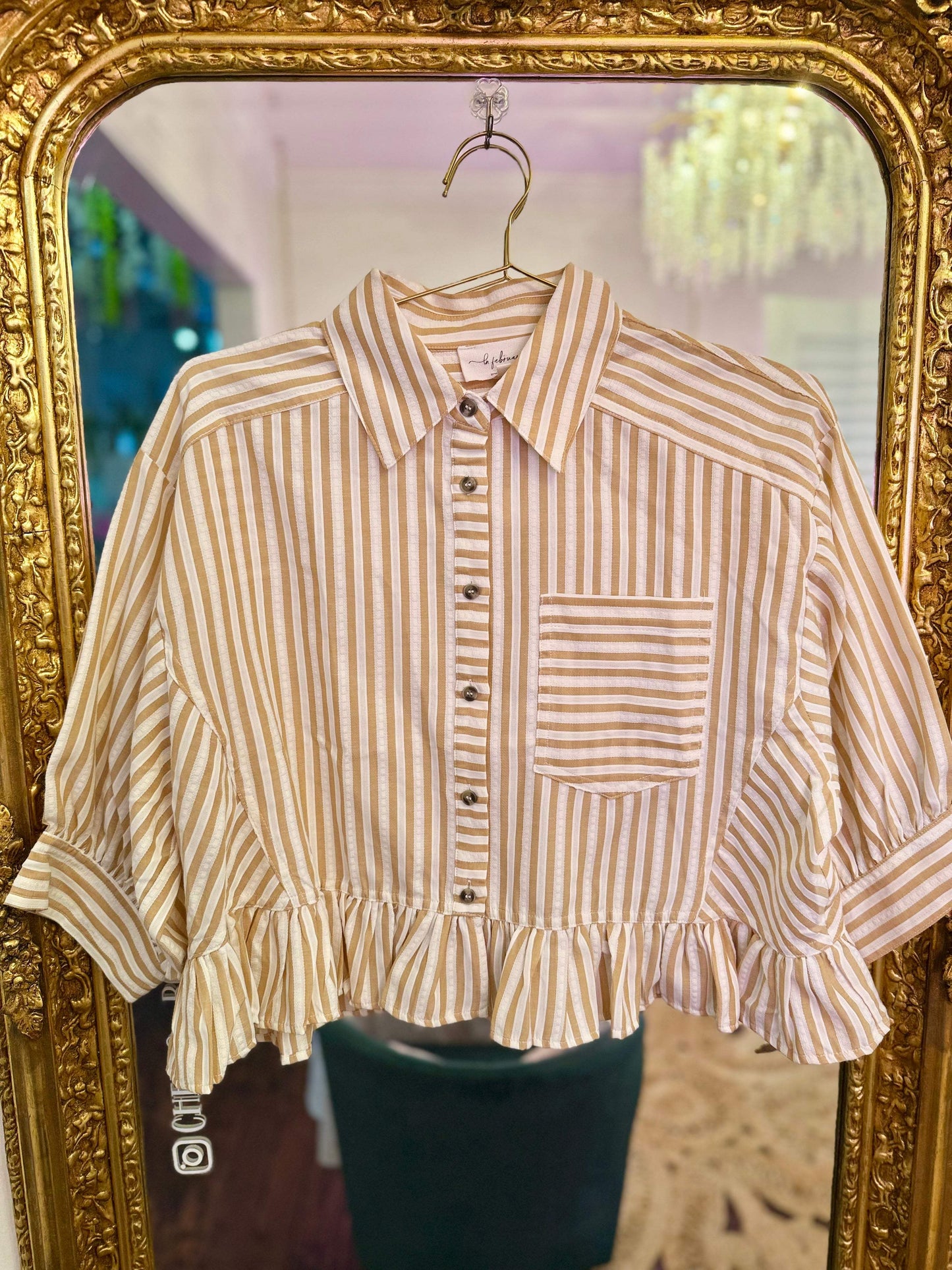 Clover Charm Stripe Ruffle Button-Down Top