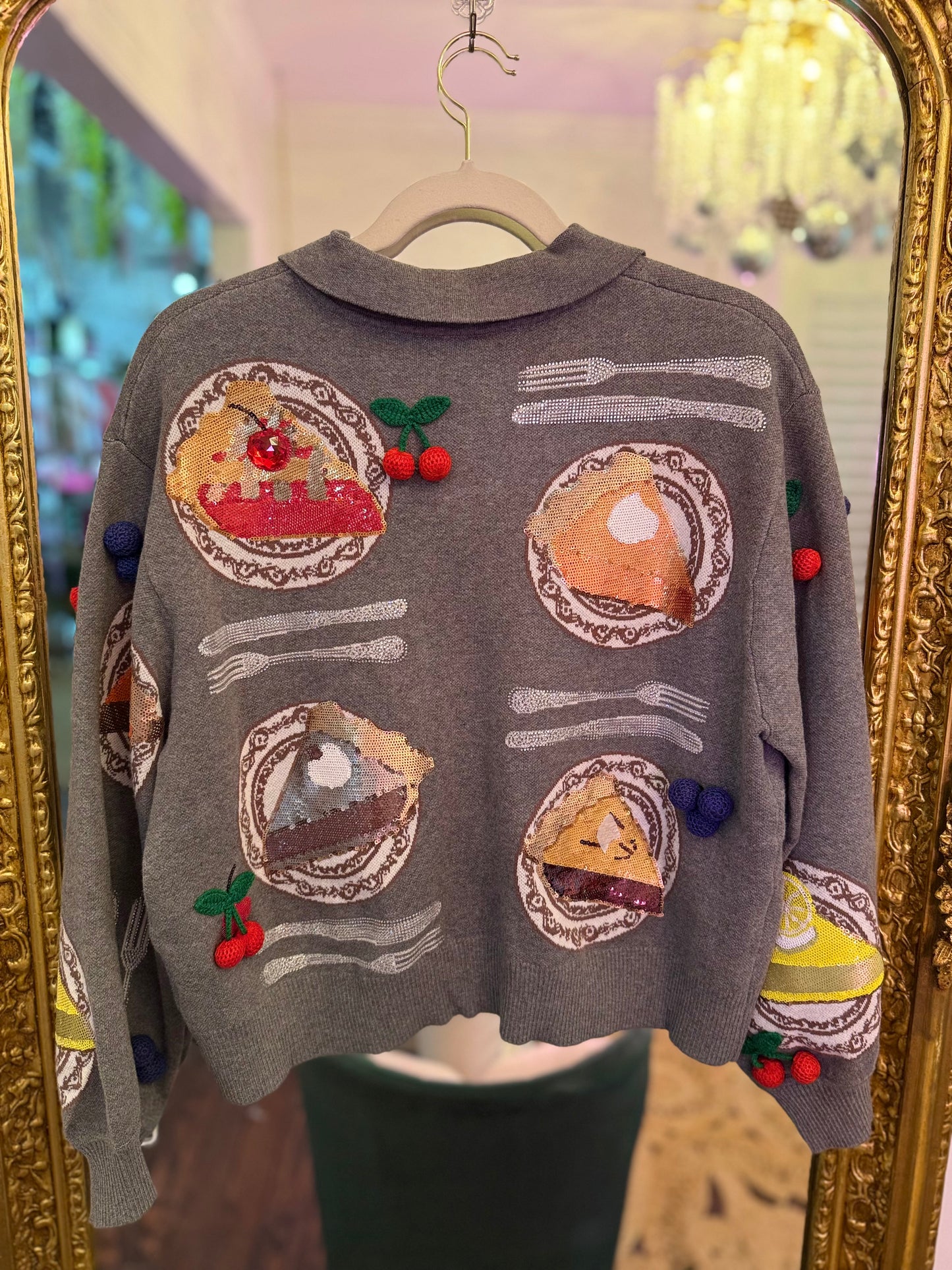 Charcoal Pie on Plates Button Up Collar Cardigan | Queen of Sparkles