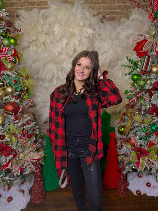 'Ho Ho Ho' Santa Patch Plaid Flannel | PLUS SIZE AVAILABLE
