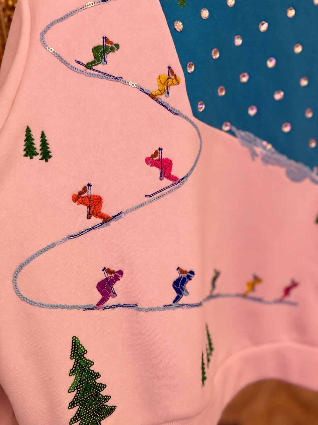 Aqua & White Colorblock Skiers on Mountain Mock Neck Sweatshirt | Queen of Sparkles
