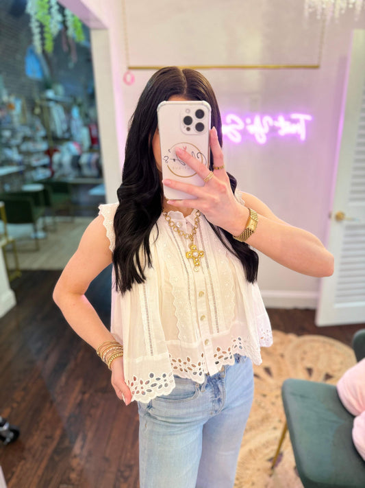Sun-Kissed Broderie Anglaise Sleeveless Blouse