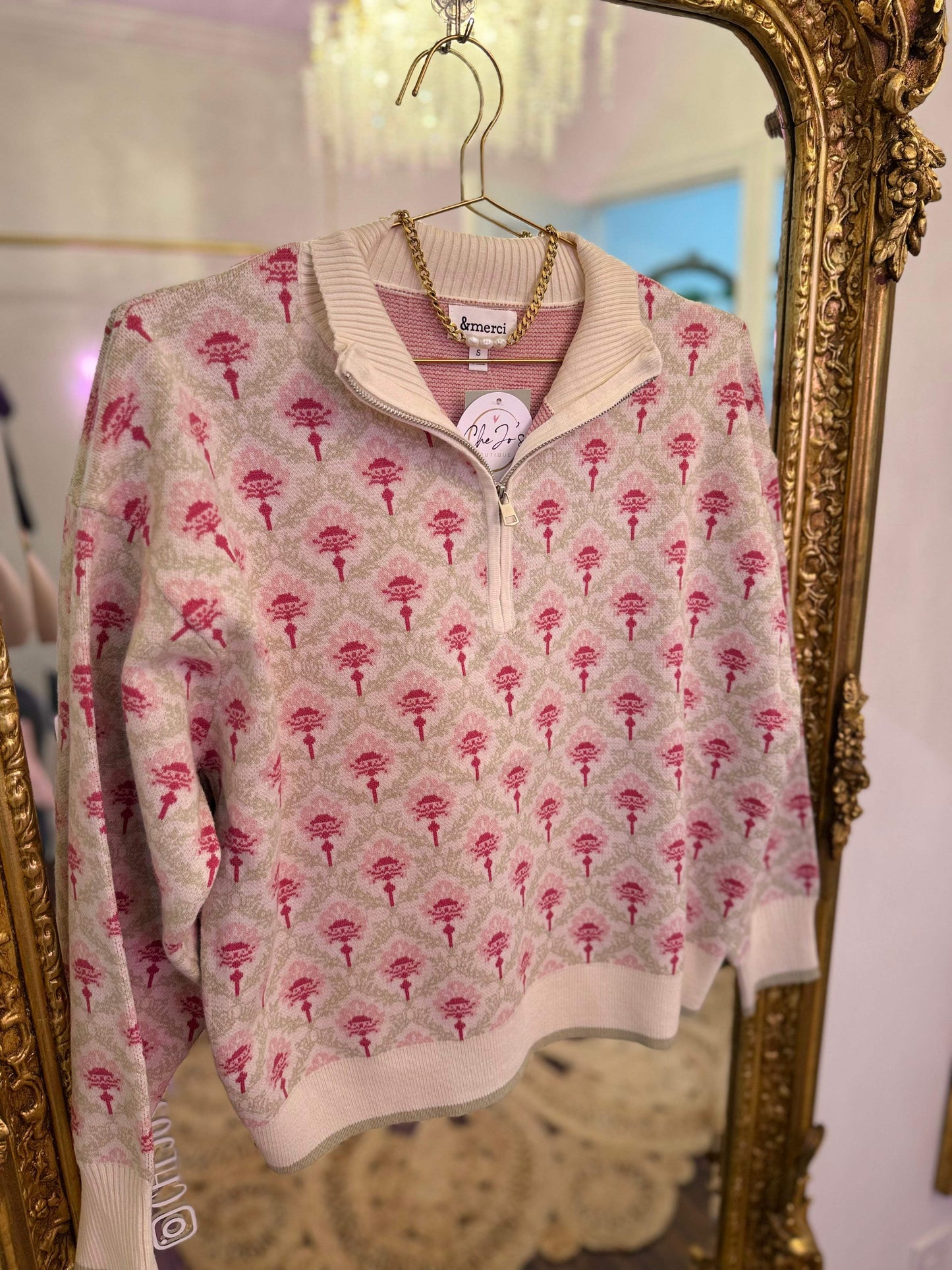Vintage Floral Half Zip Sweater