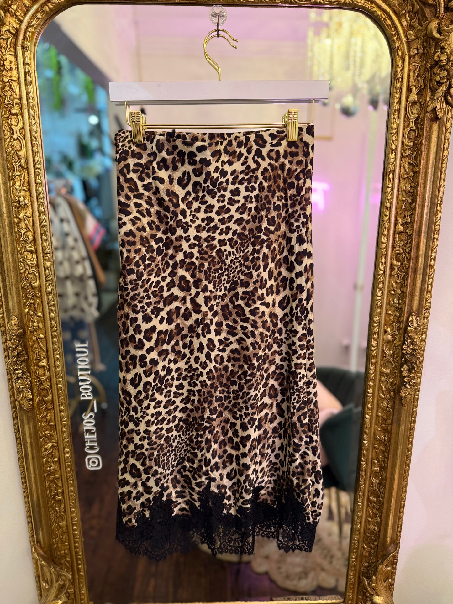 Leopard Lace Hem Satin Midi Skirt