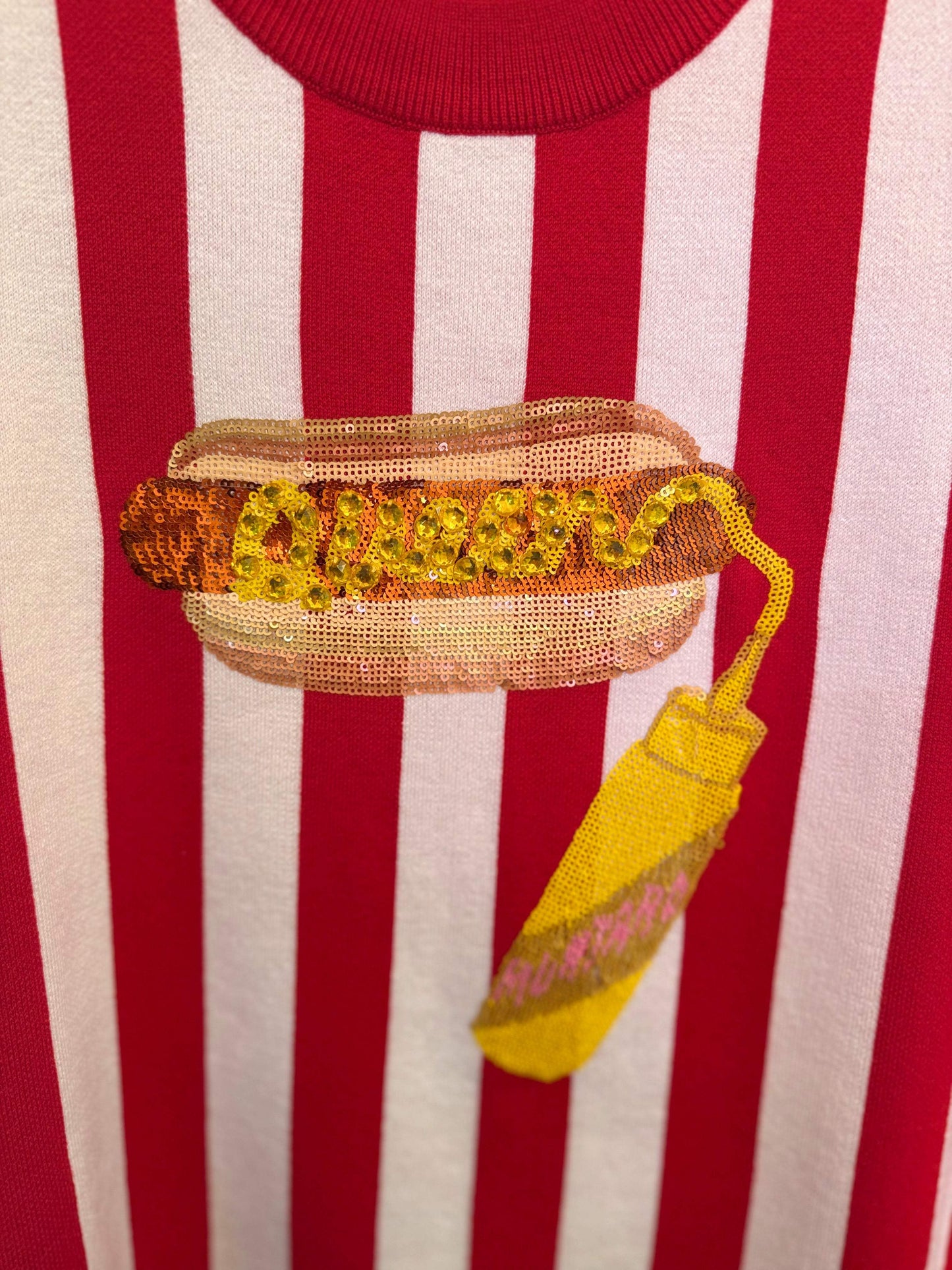 Red & White Striped 'Queen' Mustard On Hot Dog Knit Tank | QUEEN OF SPARKLES