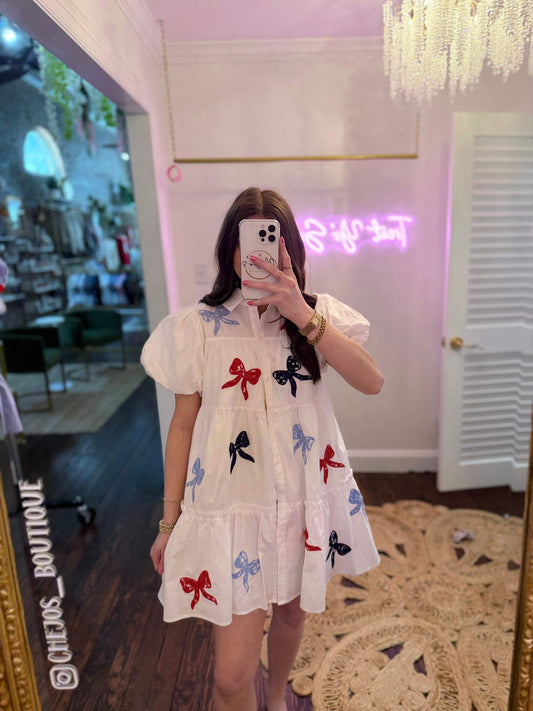 Embroidered Lace Bow Poplin Mini Dress