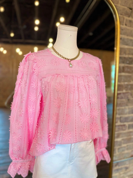 Raised Floral-Motif Long Sleeve Blouse
