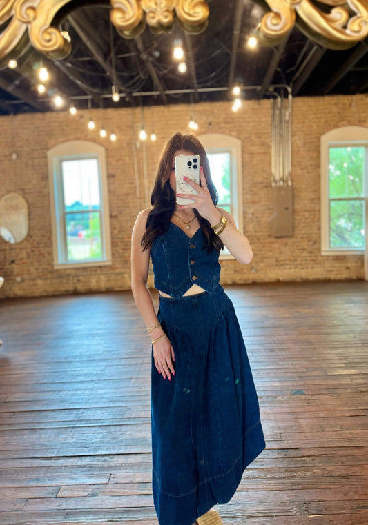 Hadley Denim Vest & Midi Skirt Set