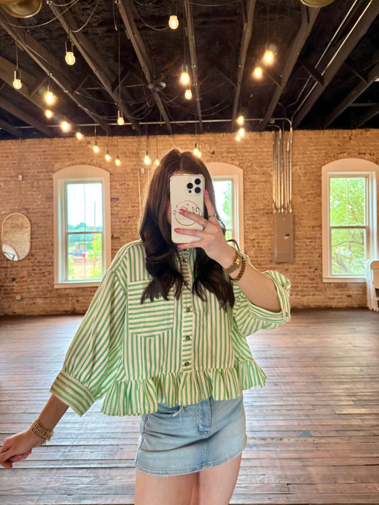 Clover Charm Stripe Ruffle Button-Down Top