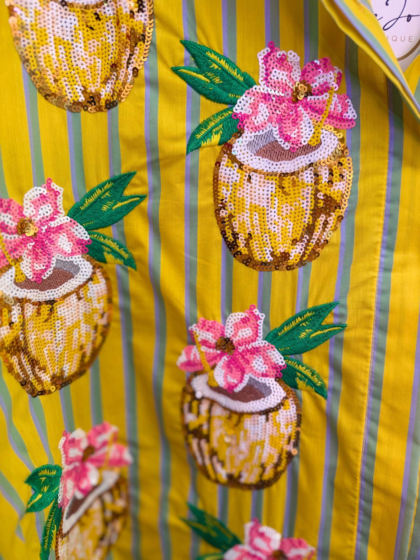 Yellow Striped Coconut Drink Button Up Cotton Tunic | Queen of Sparkles