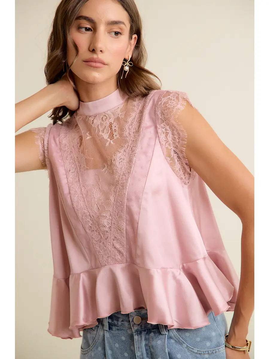 Silky Mock Neck Lace Trim Peplum Blouse