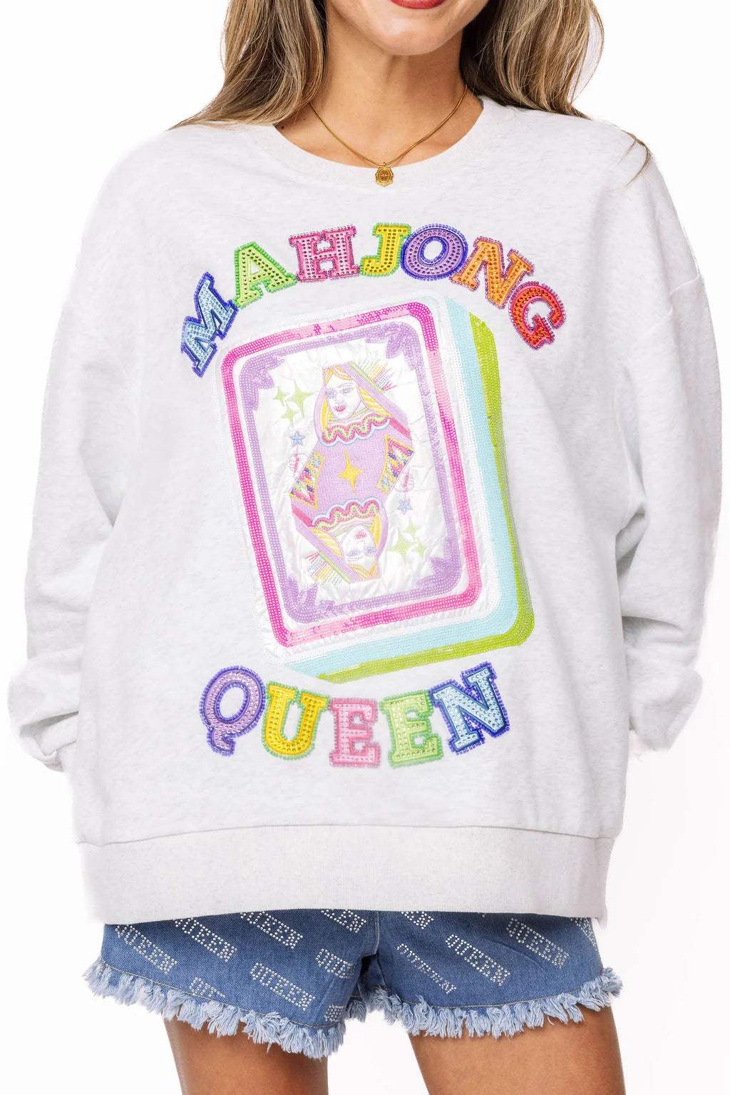 Grey 'Mahjong Queen' QOS Card Tile Sweatshirt | Queen of Sparkles