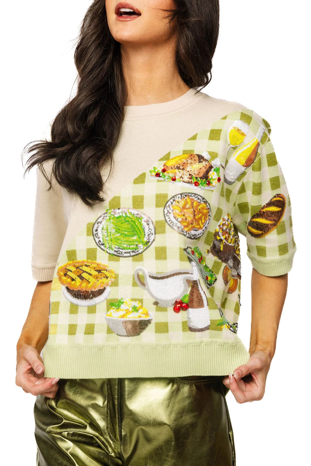Ivory & Green Gingham Colorblock Thanksgiving Meal Knit Top | Queen of Sparkles