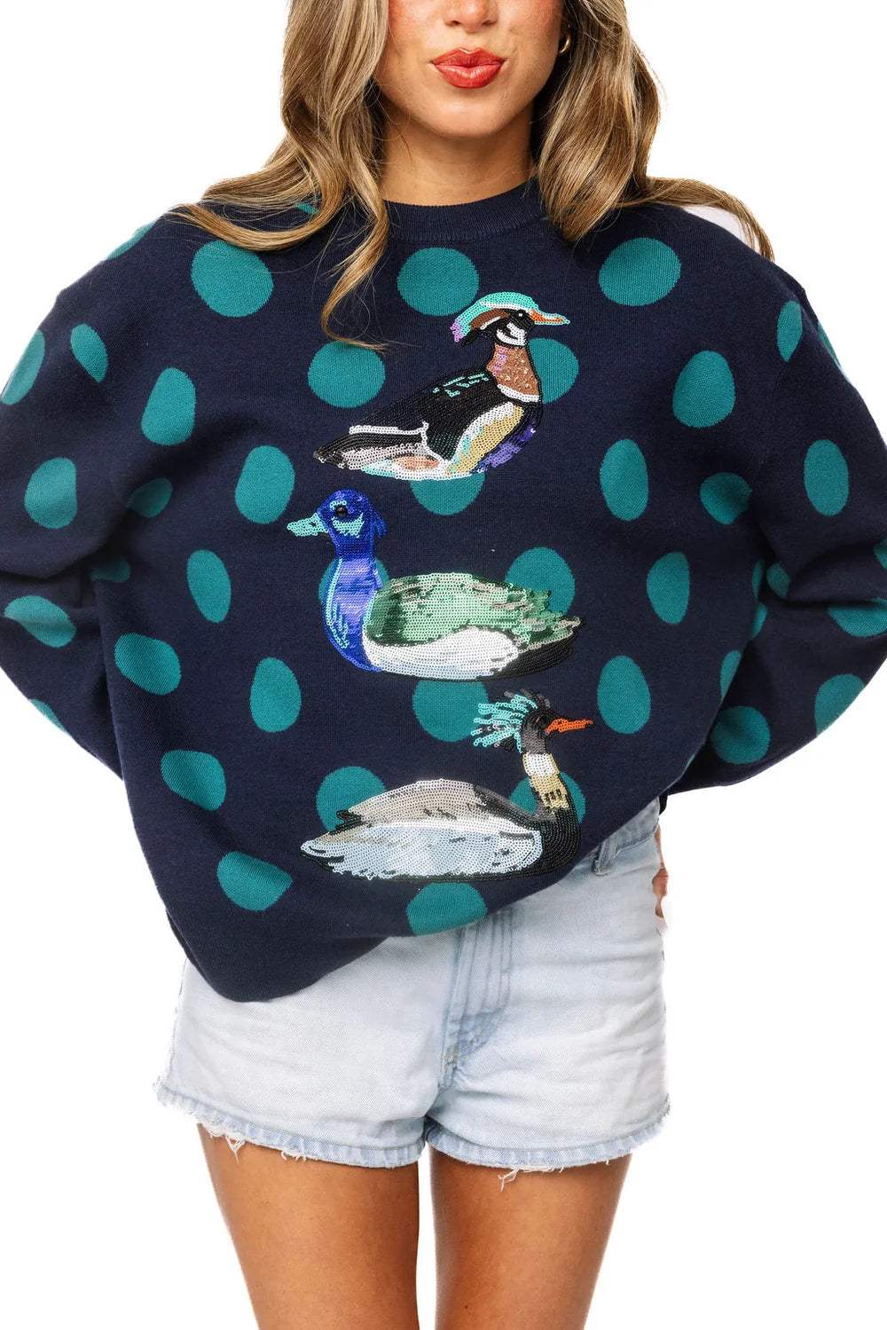 Navy Polkadot Duck Sweater | Queen of Sparkles