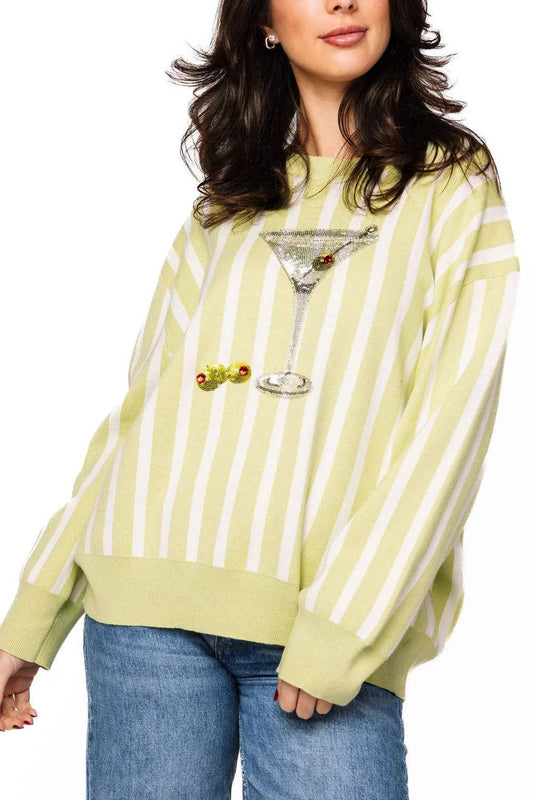 Olive Green & White Stripe Martini Sweater | Queen of Sparkles