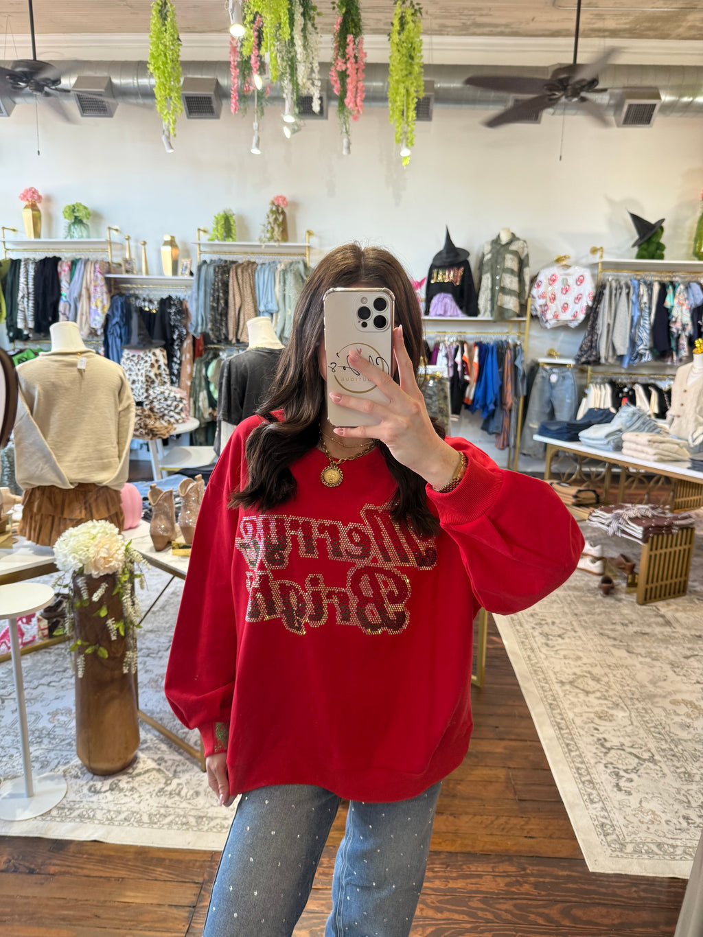 Red Rhinestone 'Merry & Bright' Sweatshirt | Queen of Sparkles