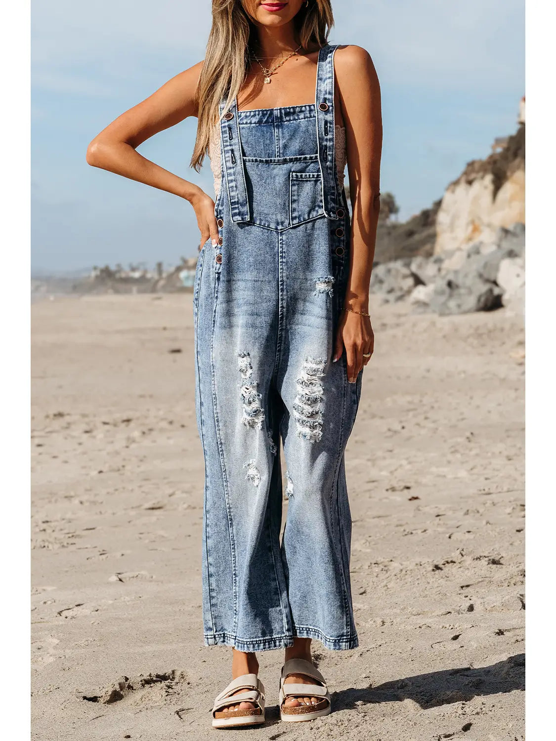 Elodie Distressed Denim Overalls