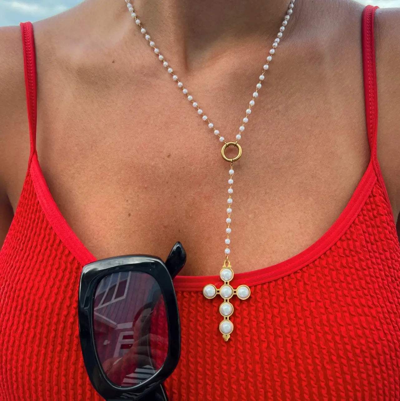 Lariat Pearl Cross Necklace