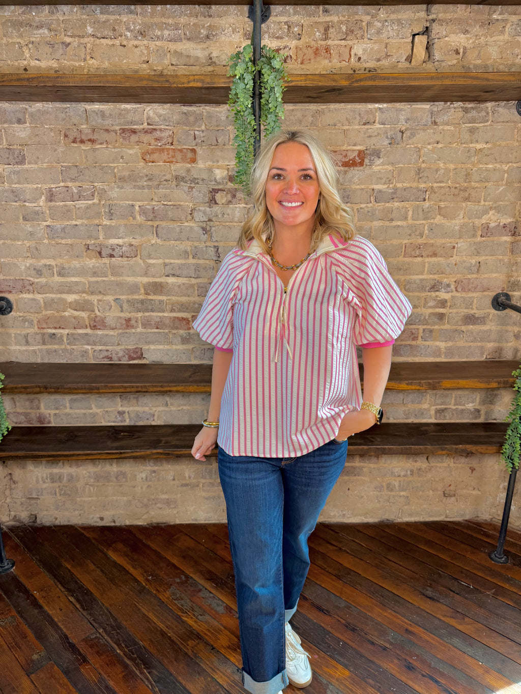 Stripe Shift Zip Up Blouse | PLUS SIZE AVAILABLE