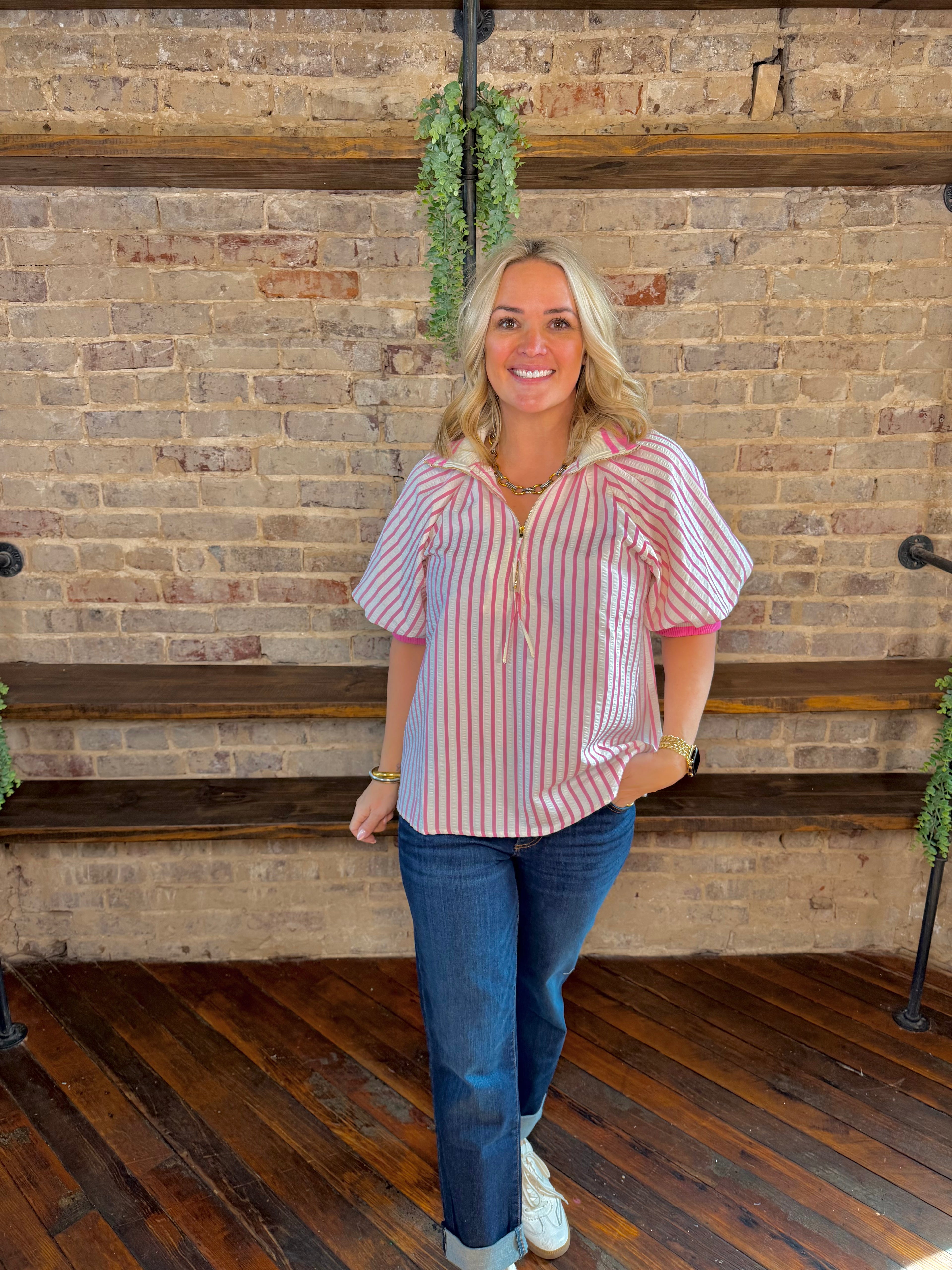 Stripe Shift Zip Up Blouse | PLUS SIZE AVAILABLE