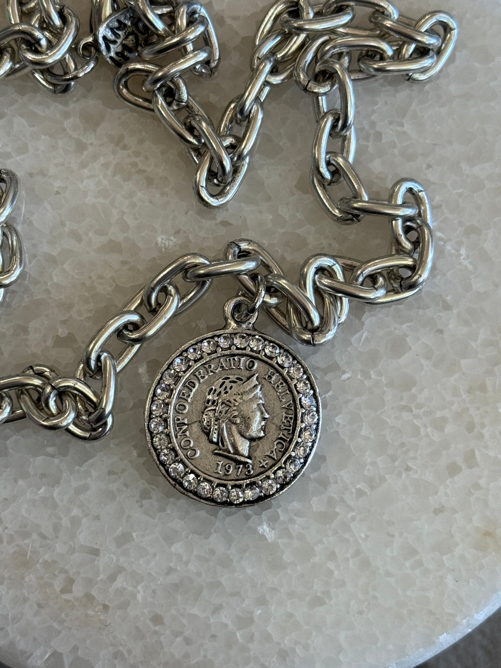 1973 Heirloom Rhinestone Medallion Coin Necklace