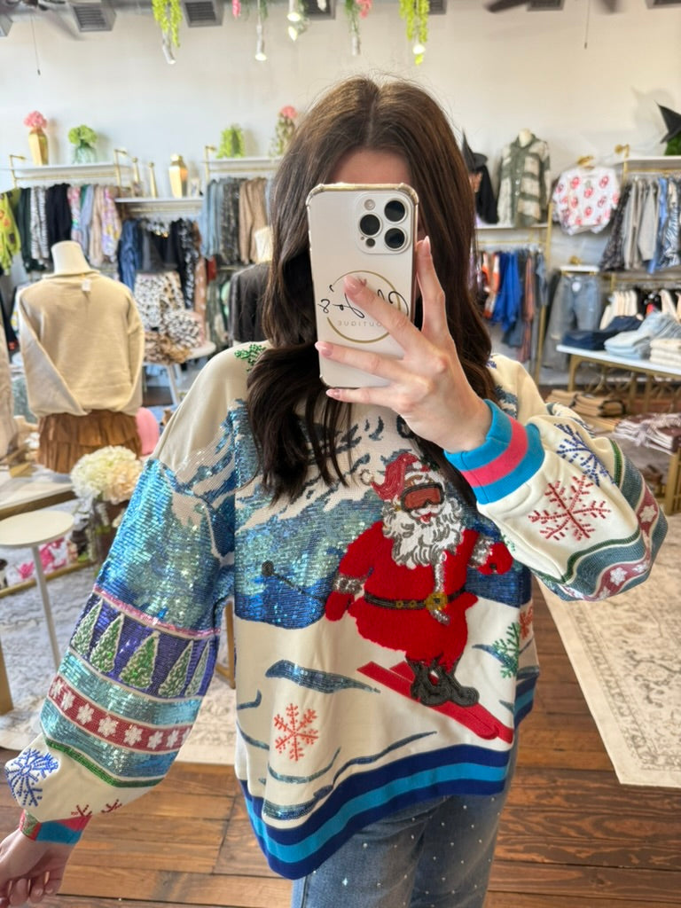 White & Blue Vintage Skiing Santa Sweatshirt | Queen of Sparkles