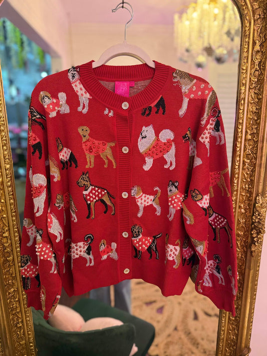 Red Dogs In Polka Dot Sweaters Cardigan | Queen of Sparkles