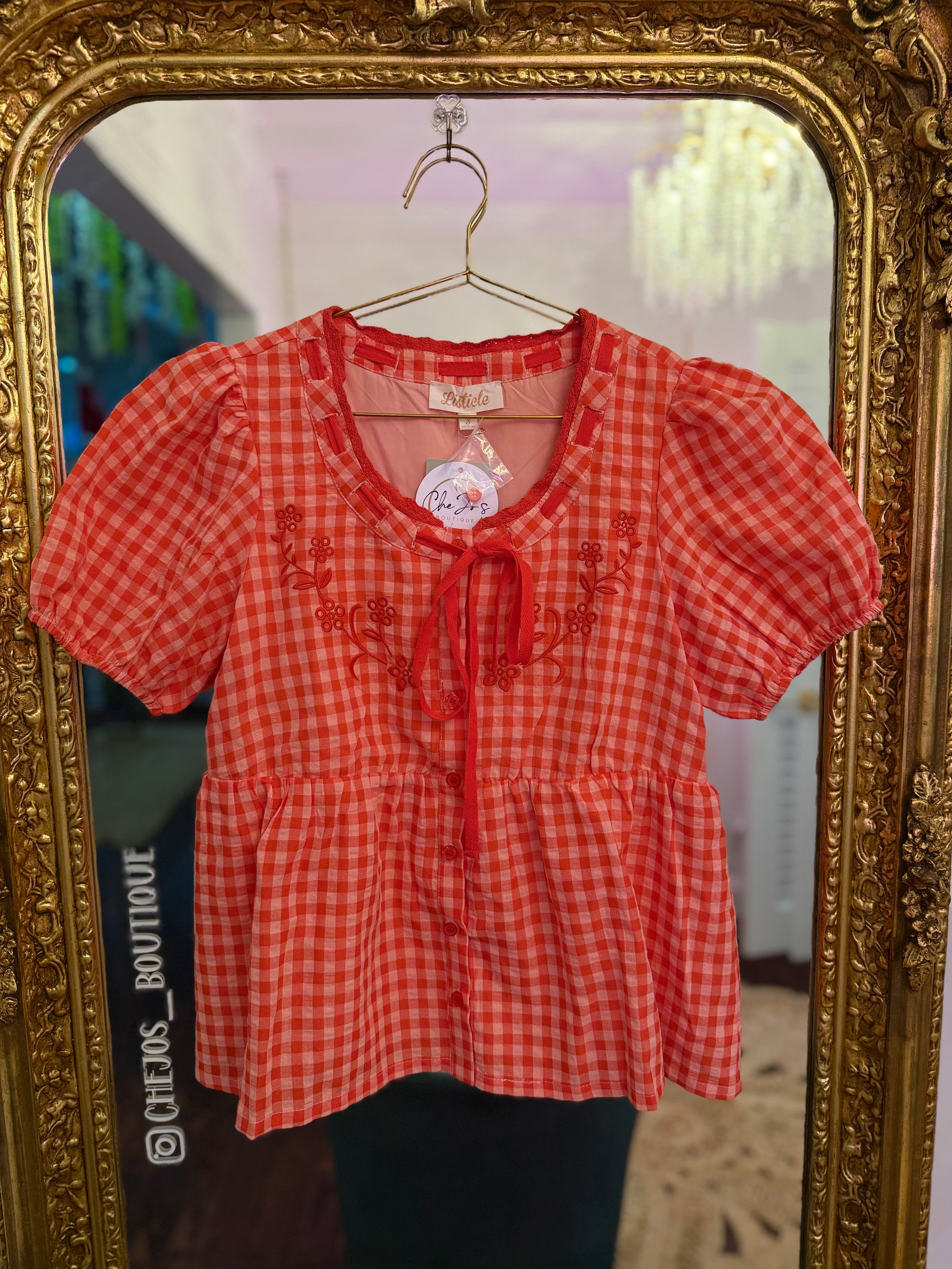 Gingham Garden Embroidered Puff Sleeve Top