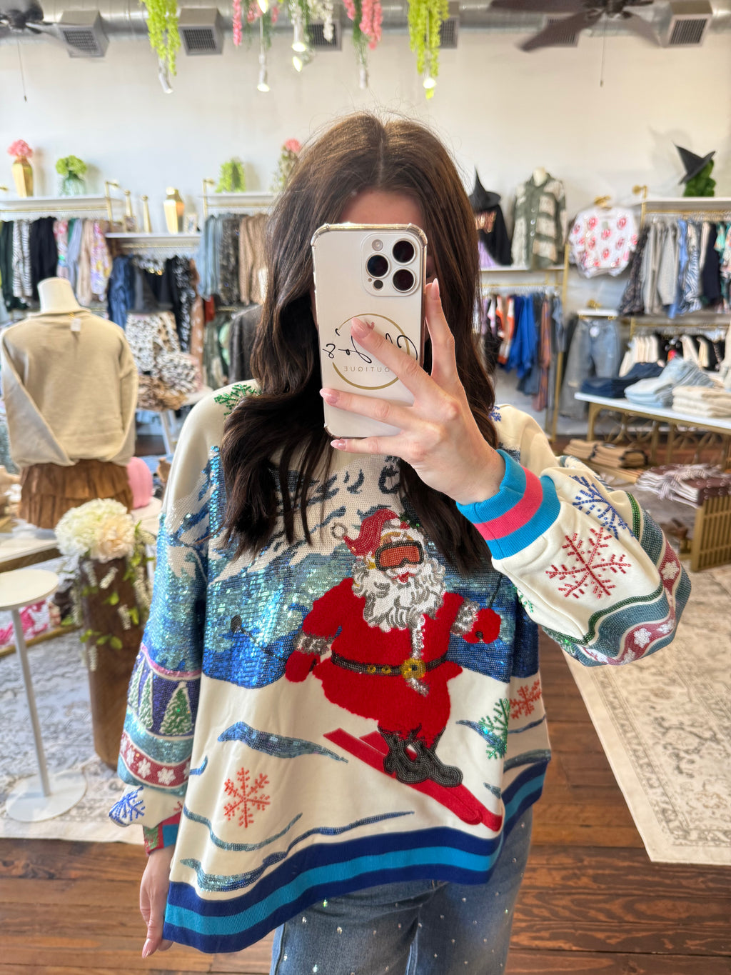 White & Blue Vintage Skiing Santa Sweatshirt | Queen of Sparkles