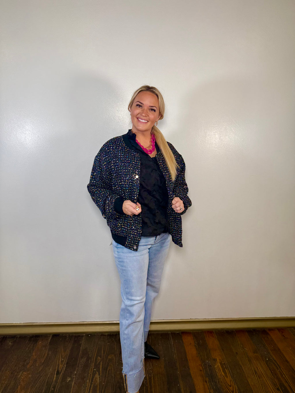 Sequin Tweed Bomber Jacket