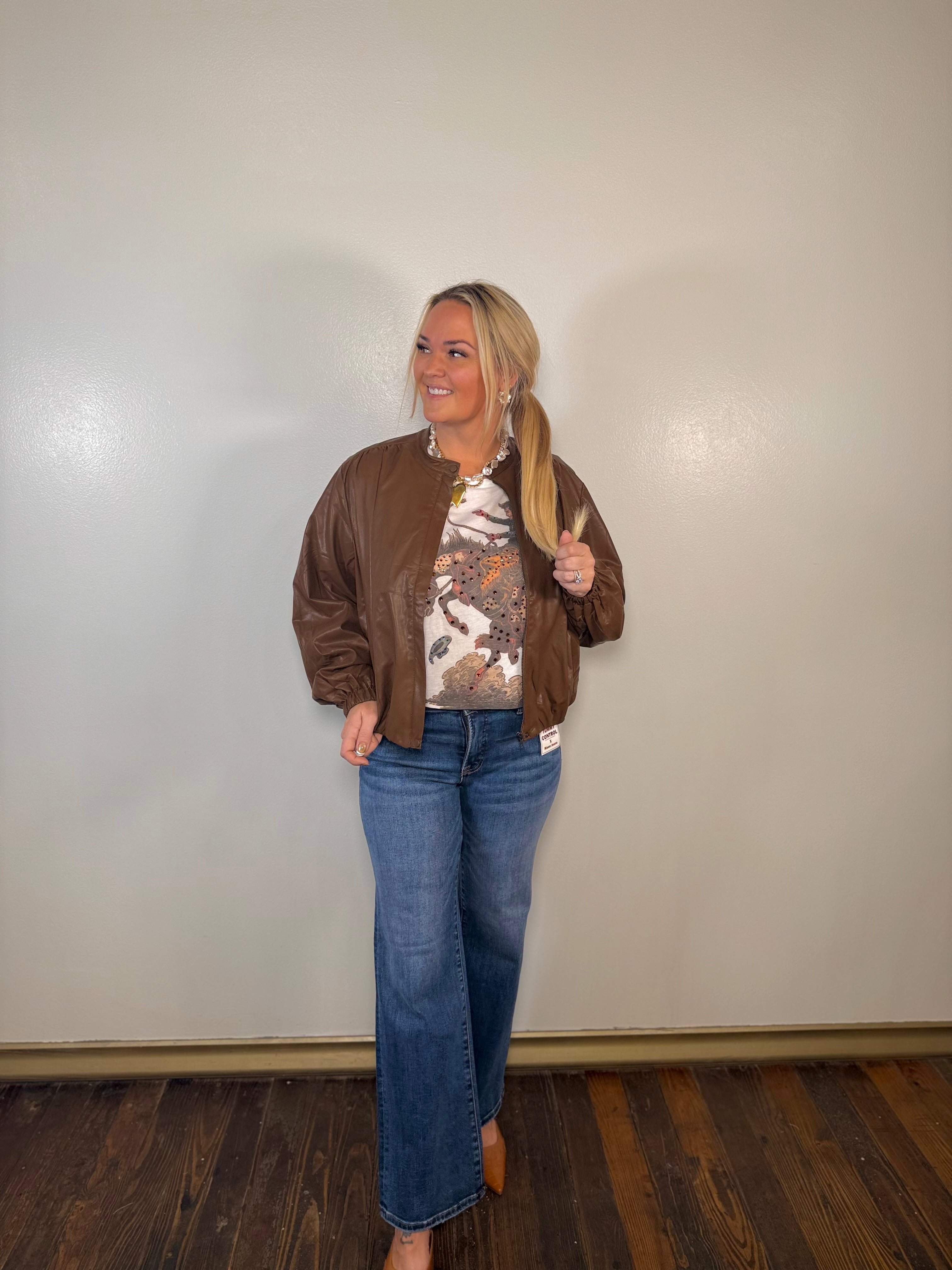 Cinnamon Fields Leather Bomber Jacket