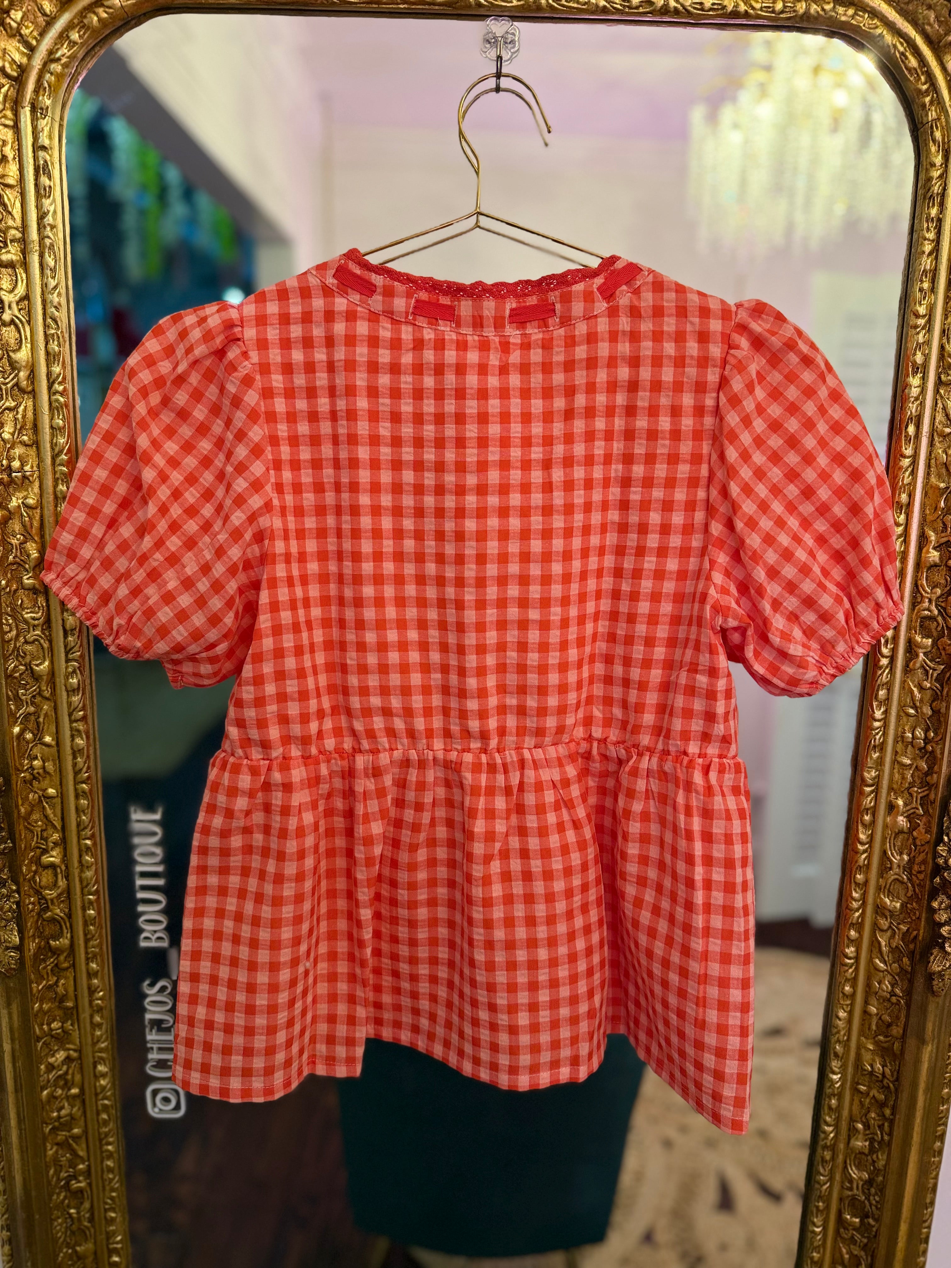 Gingham Garden Embroidered Puff Sleeve Top