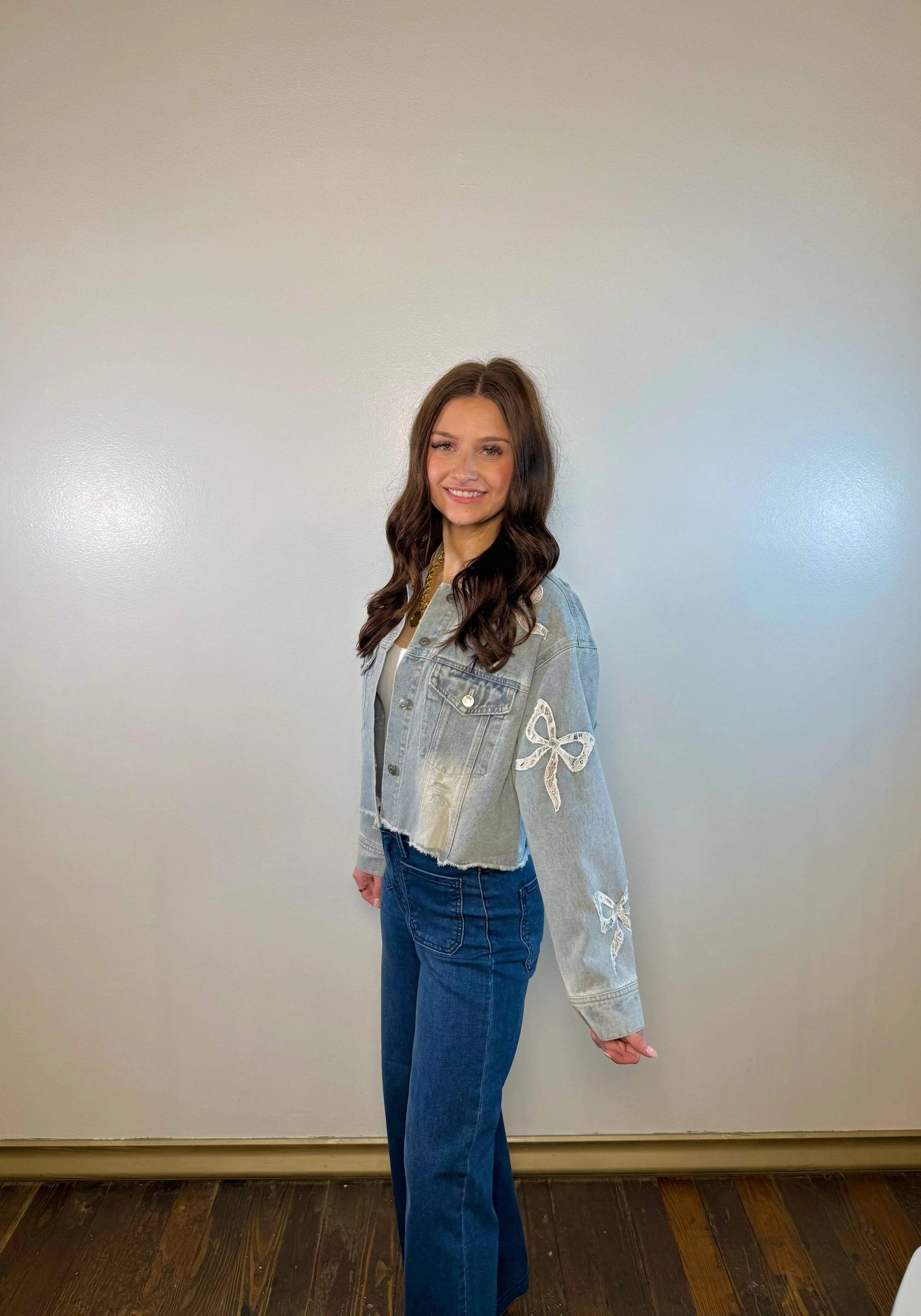 Embroidered Lace Bow Denim Jacket