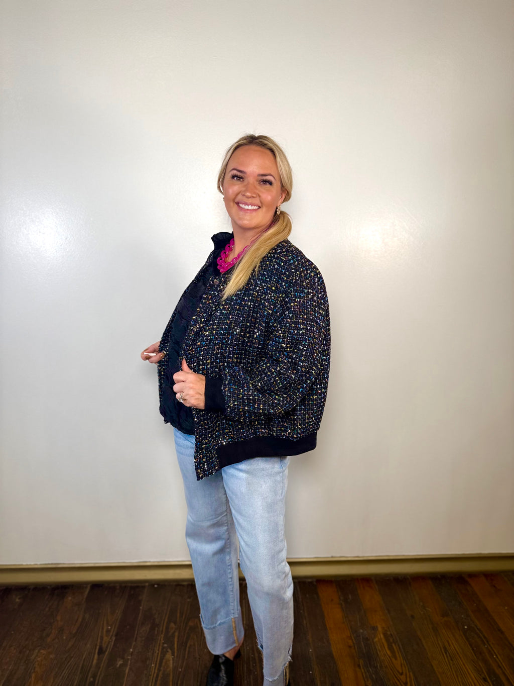 Sequin Tweed Bomber Jacket