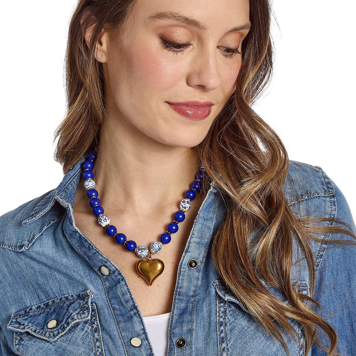 Something Blue Bead Heart Charm Necklace