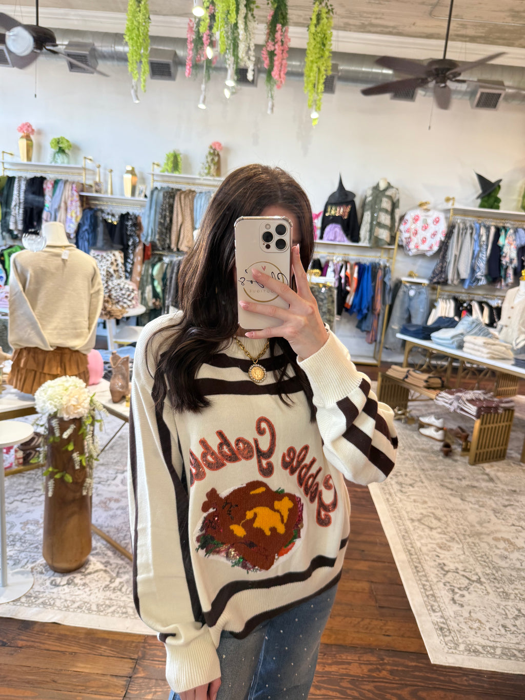 White & Brown Stripe 'Gobble' Long Sleeve Sweater | Queen of Sparkles