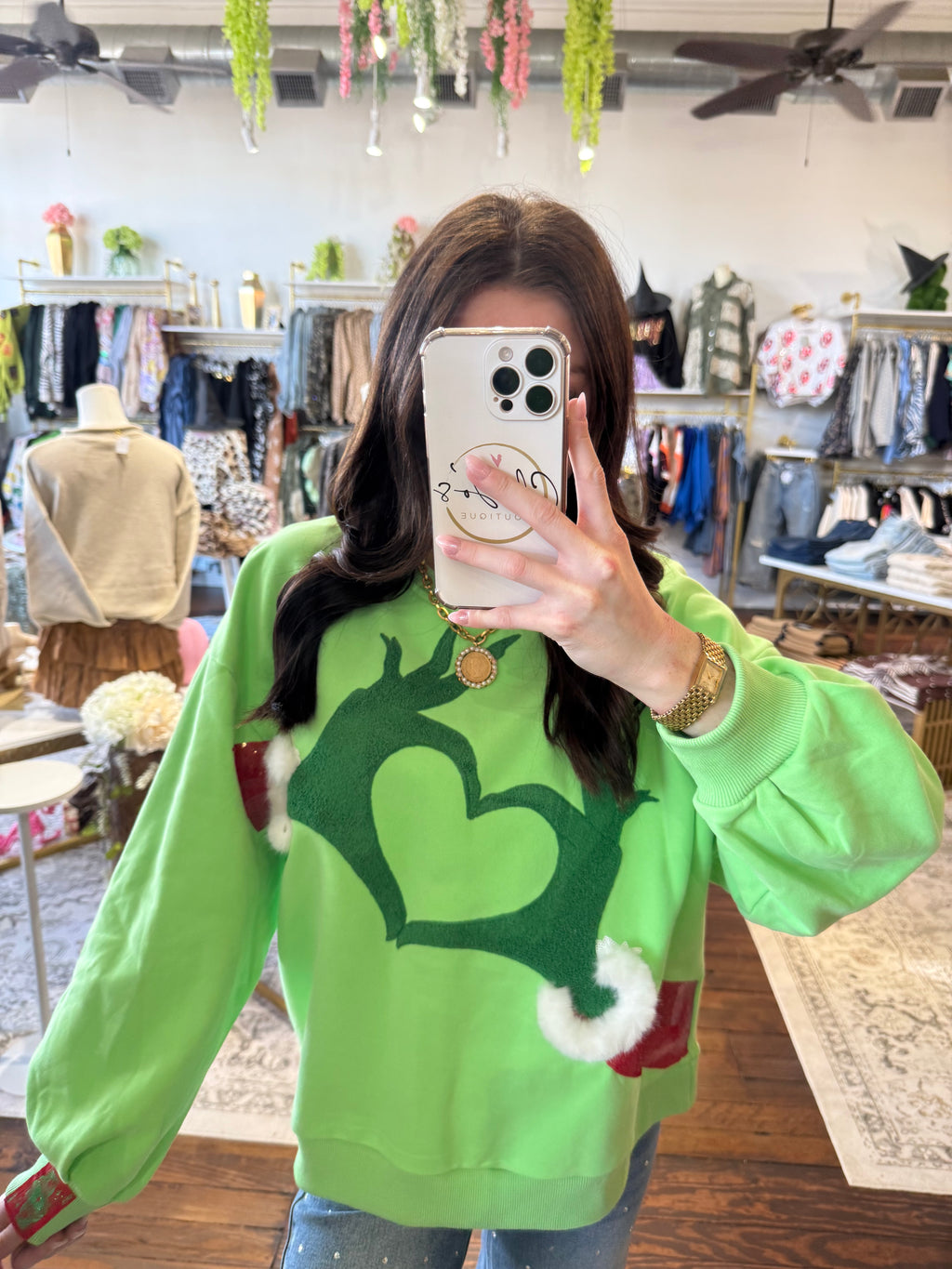 Green Grinch Heart Hands Sweatshirt | Queen of Sparkles