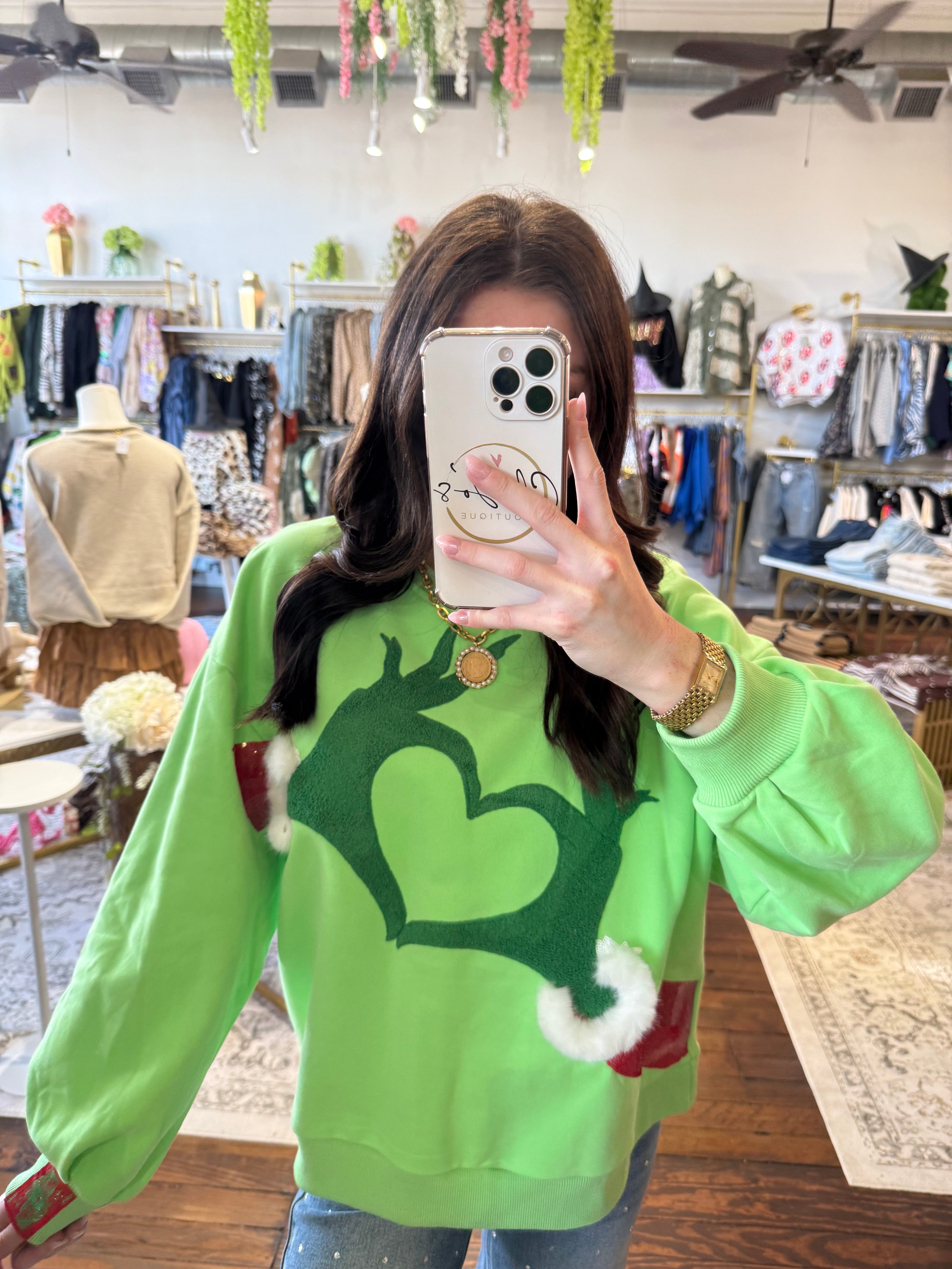Green Grinch Heart Hands Sweatshirt | Queen of Sparkles