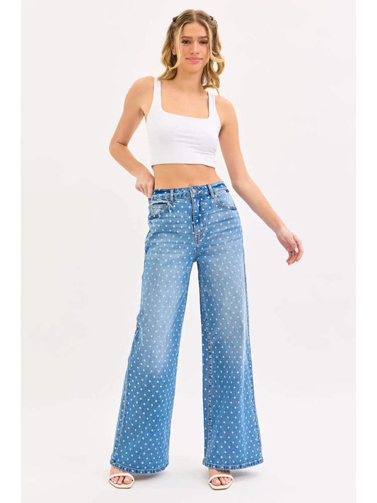 High Rise Polka Dot Wide Leg Jeans