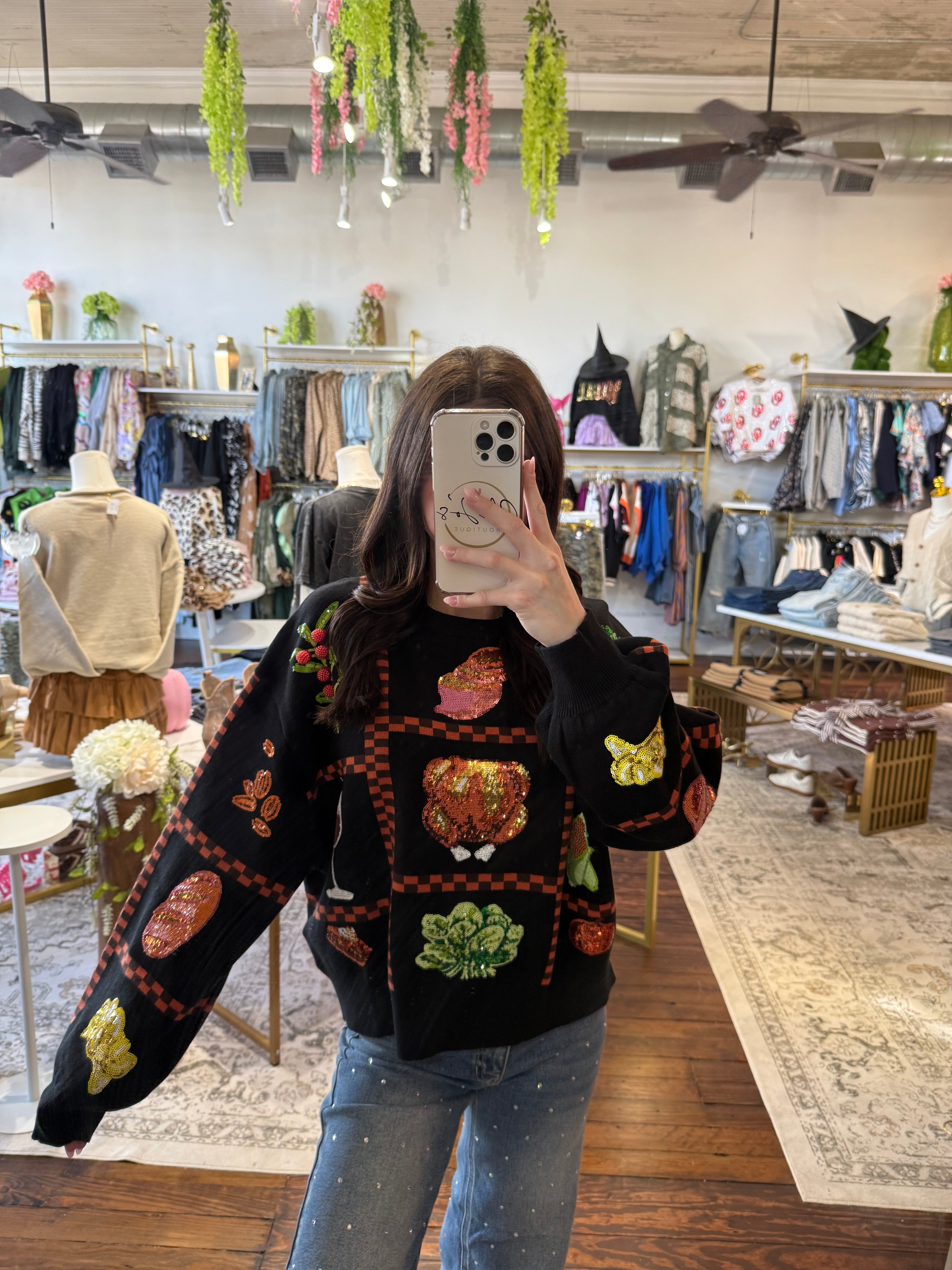 Black Checkered Thanksgiving Icon Sweater | Queen of Sparkles