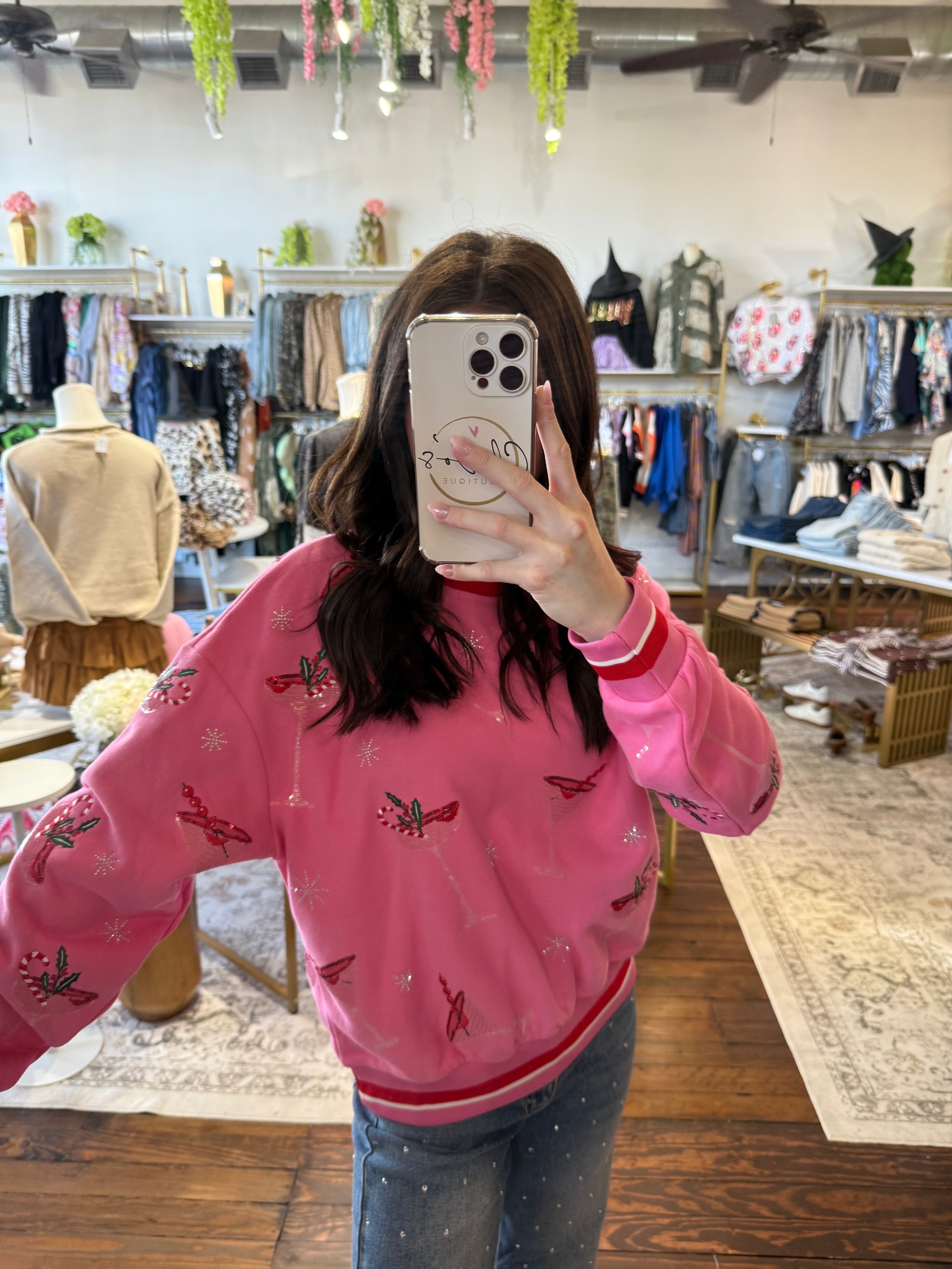Bright Pink Christmas Cocktail Sweatshirt | Queen of Sparkles