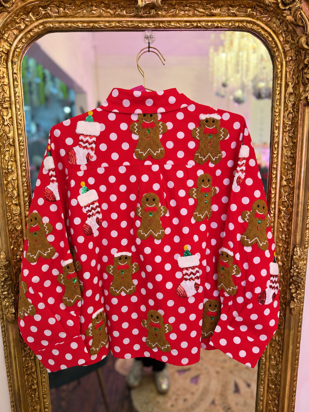 Red & White Polka Dot Gingerbread Man & Stocking Cotton Top | Queen of Sparkles